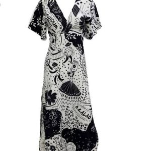 Farm Rio Black & White Cutout Maxi Dress Resortwear Vacation L
